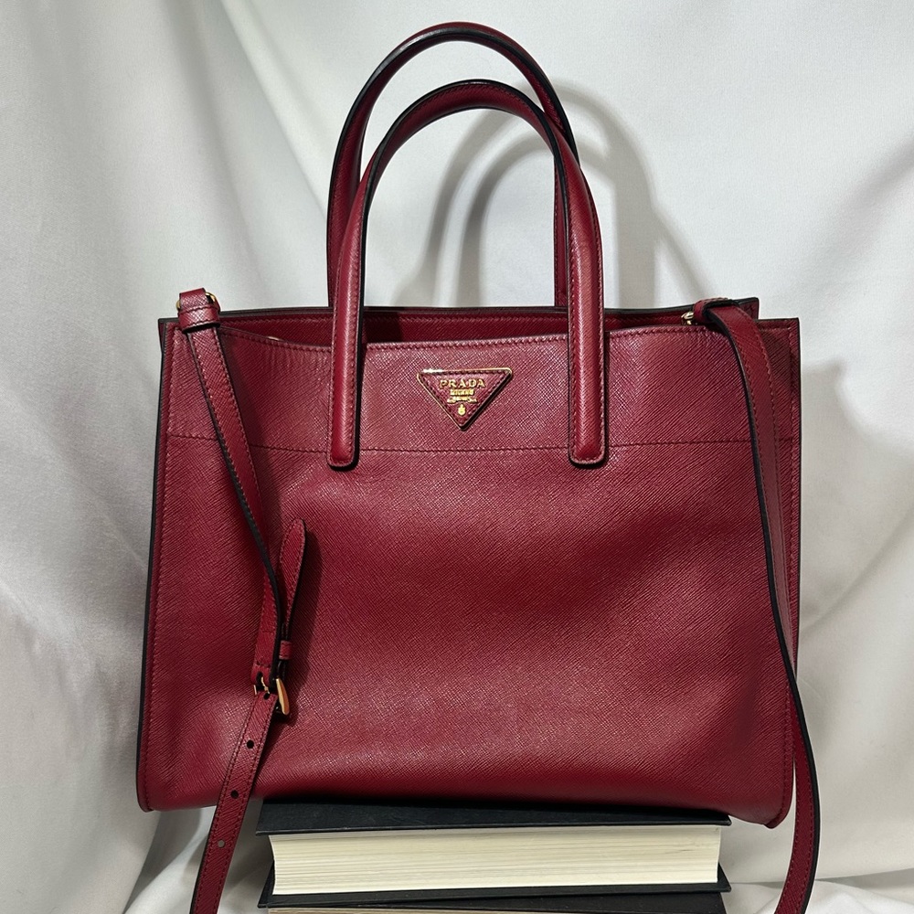 Prada Saffiano soft Triple Pocket Tote Red Cherry With Shoulder Strap